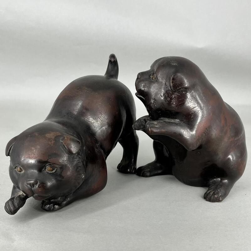 Okimono Chiots Japonais En Bronze